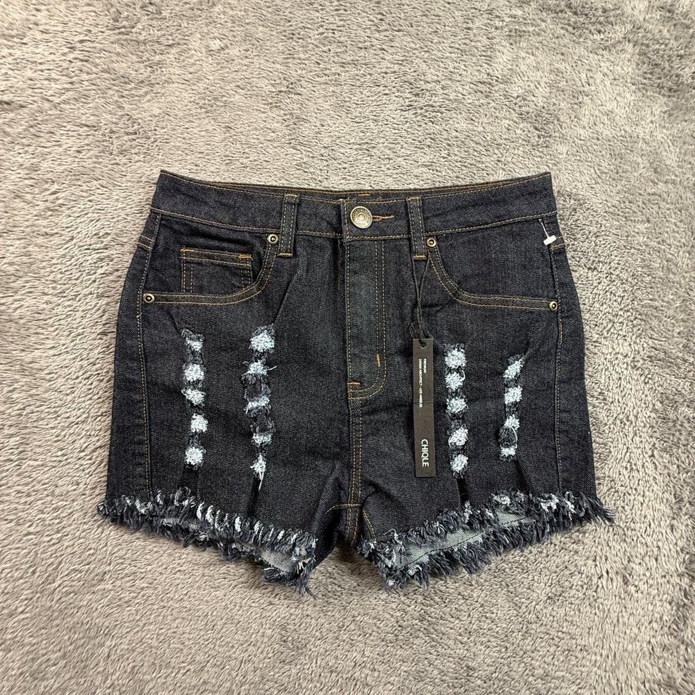 Chiqle Womens S Dark Wash Distressed Denim Jean Shorts Raw Hem Frayed Y2K